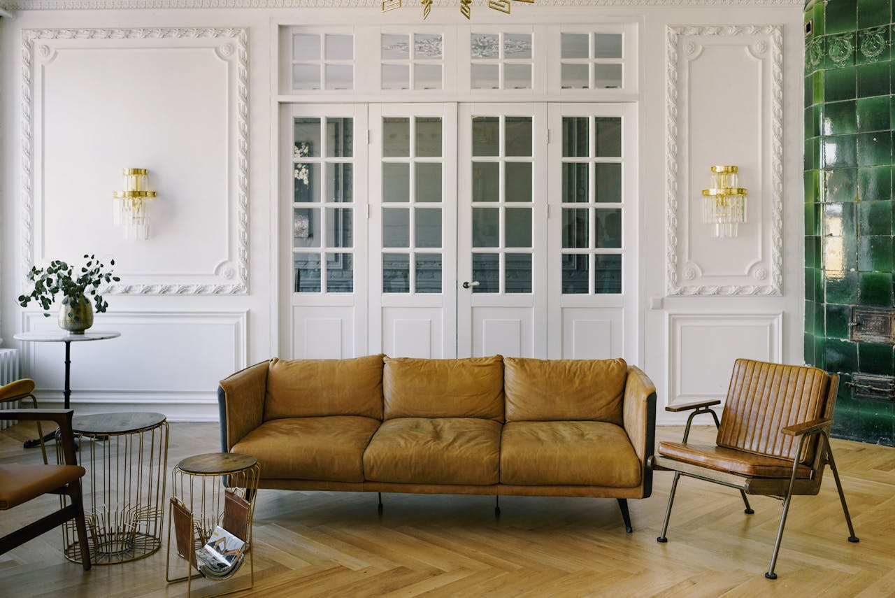 Couch and Armchairs with Leather Cushions